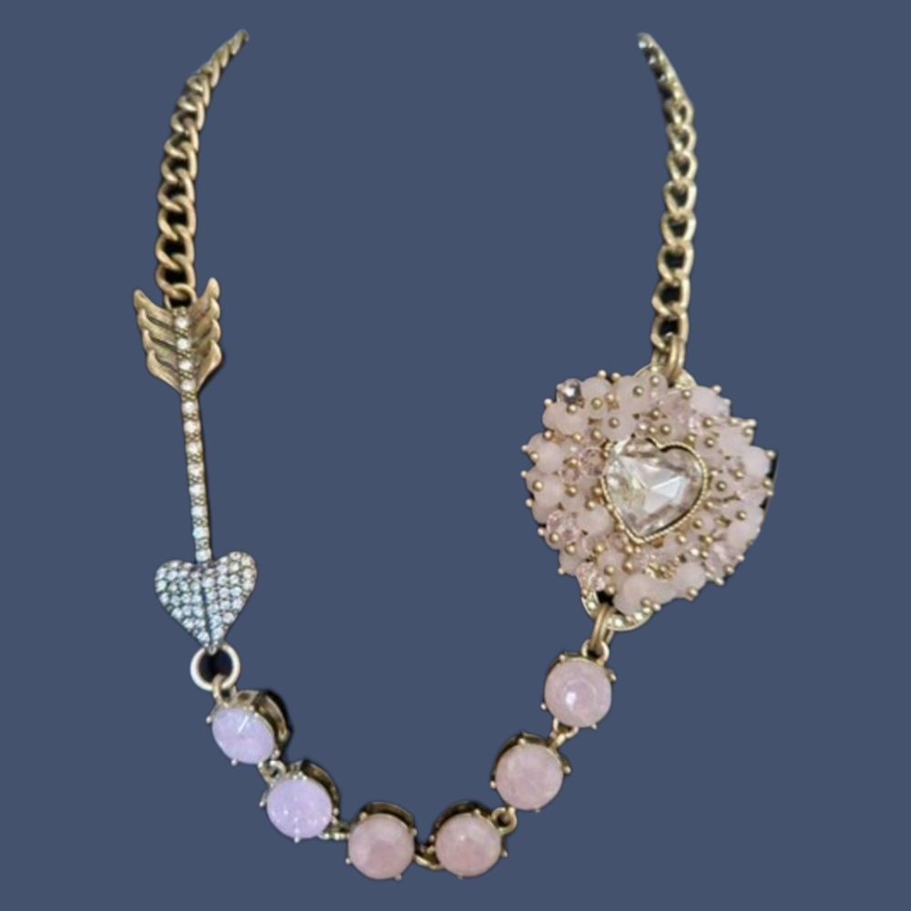 🩷Betsey Johnson Pink Rhinestone & Beaded Side-Worn Necklace RARE - VGPC